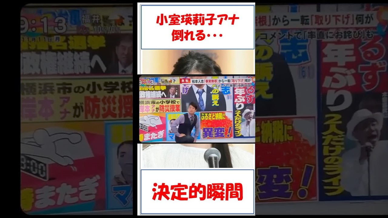 【映像あり】フジ小室瑛莉子アナ「めざまし8」生放送中に貧血で倒れ込む　MC谷原章介が支え「大丈夫？」