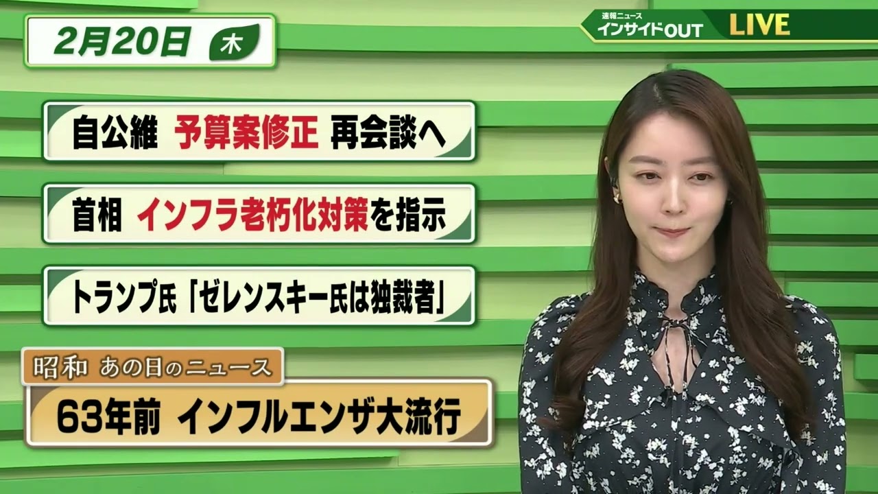 【今日のニュース 2月20日】「自公維 予算案修正再会談へ」「首相 インフラ老朽化対策を指示」「トランプ氏”ゼレンスキー氏は独裁者”」「昭和あの日のニュース 63年前・インフルエンザ大流行」BS11