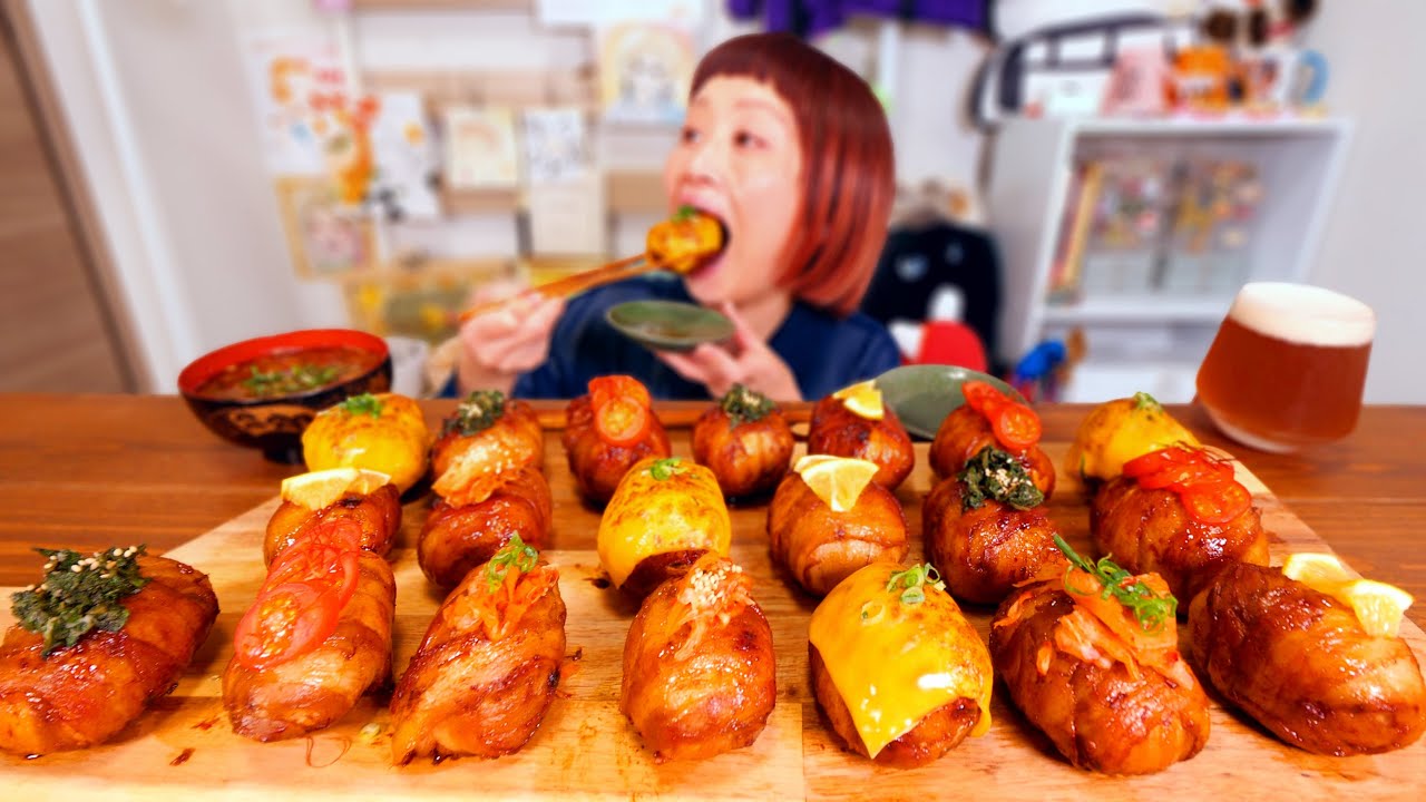 【大食い】テリテリ肉巻きおにぎり20個。トッピング天国でごはんが止まらん。【モッパン】【MUKBANG】