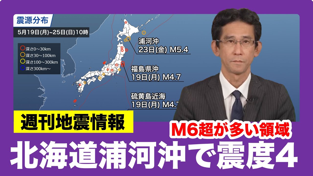 【週刊地震情報】北海道浦河沖の地震で震度4　M6超が多い領域