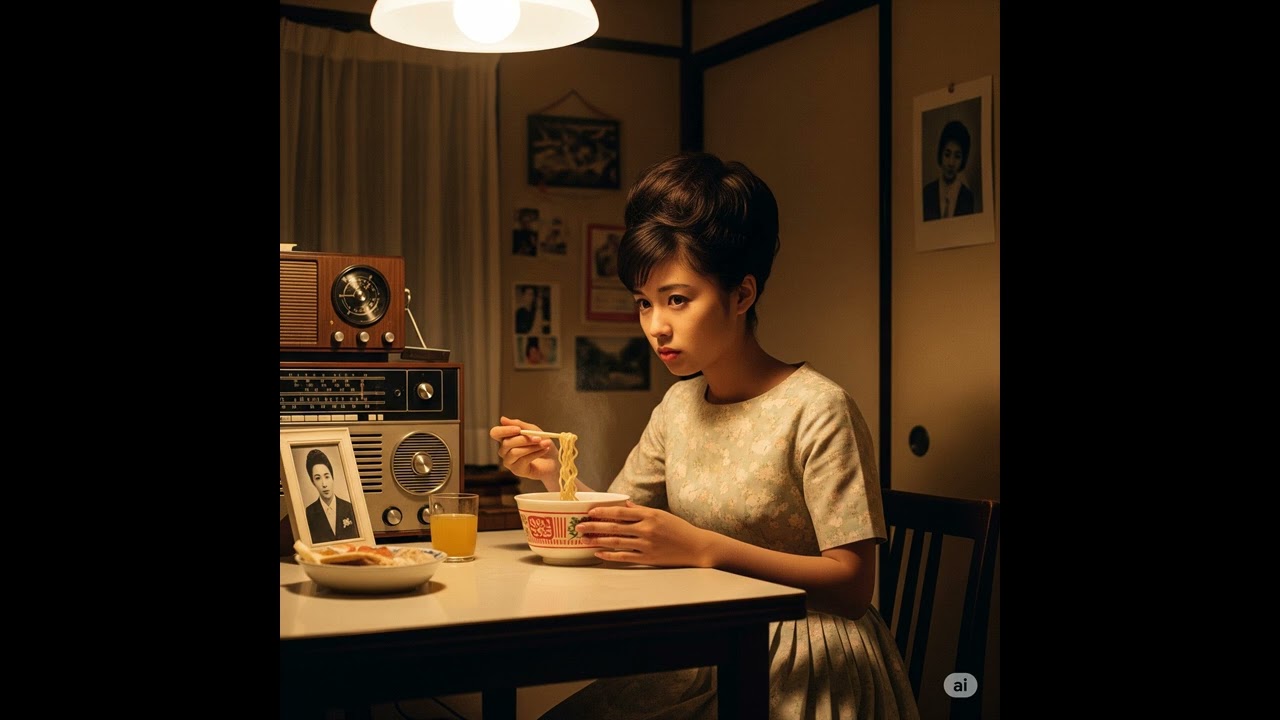 昭和のラジオ深夜放送 真夜中のインスタントラーメンと 受験勉強する昭和のアイドルたち 深夜のアパートで、私だけの時間　曲 真夜中のインスタントラーメン 昭和レトロガール 秋山ポプラ