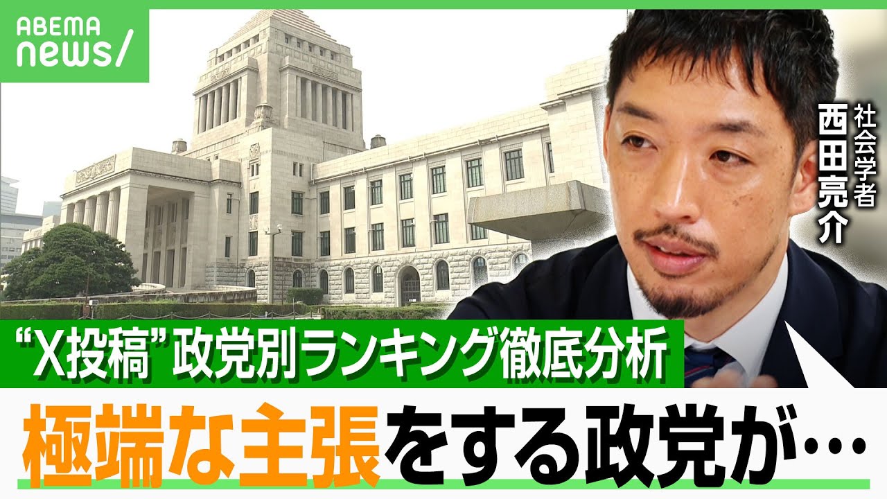 【参院選×SNS】Xのつぶやきが最も多い政党は？西田亮介氏「実際の民意とは別物」「少数政党の言説を大政党も真似する」｜アベヒル