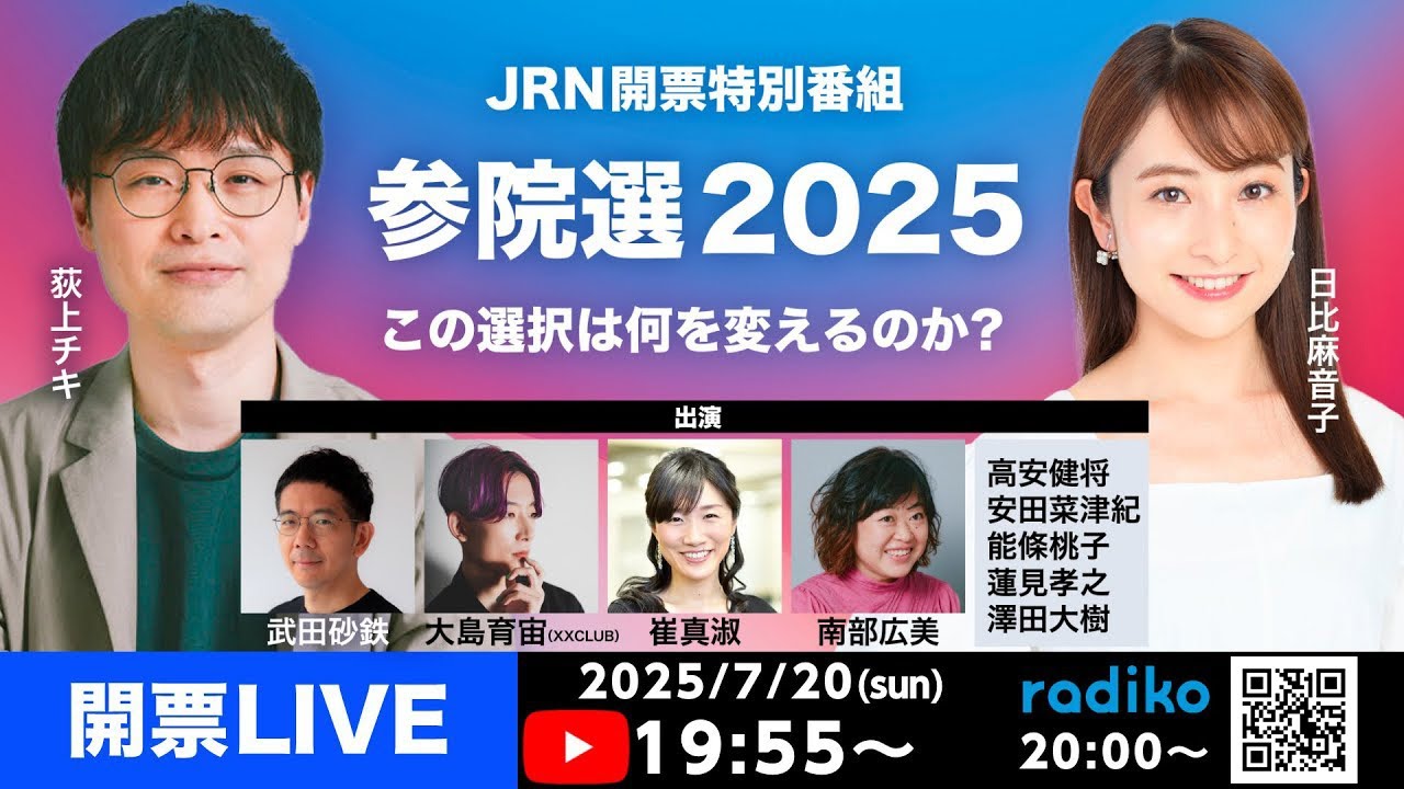 【開票LIVE】参院選2025＜物価高・少子化・分極化＞～この選択は何を変えるのか？少数与党に下される審判は【JRN開票特別番組】