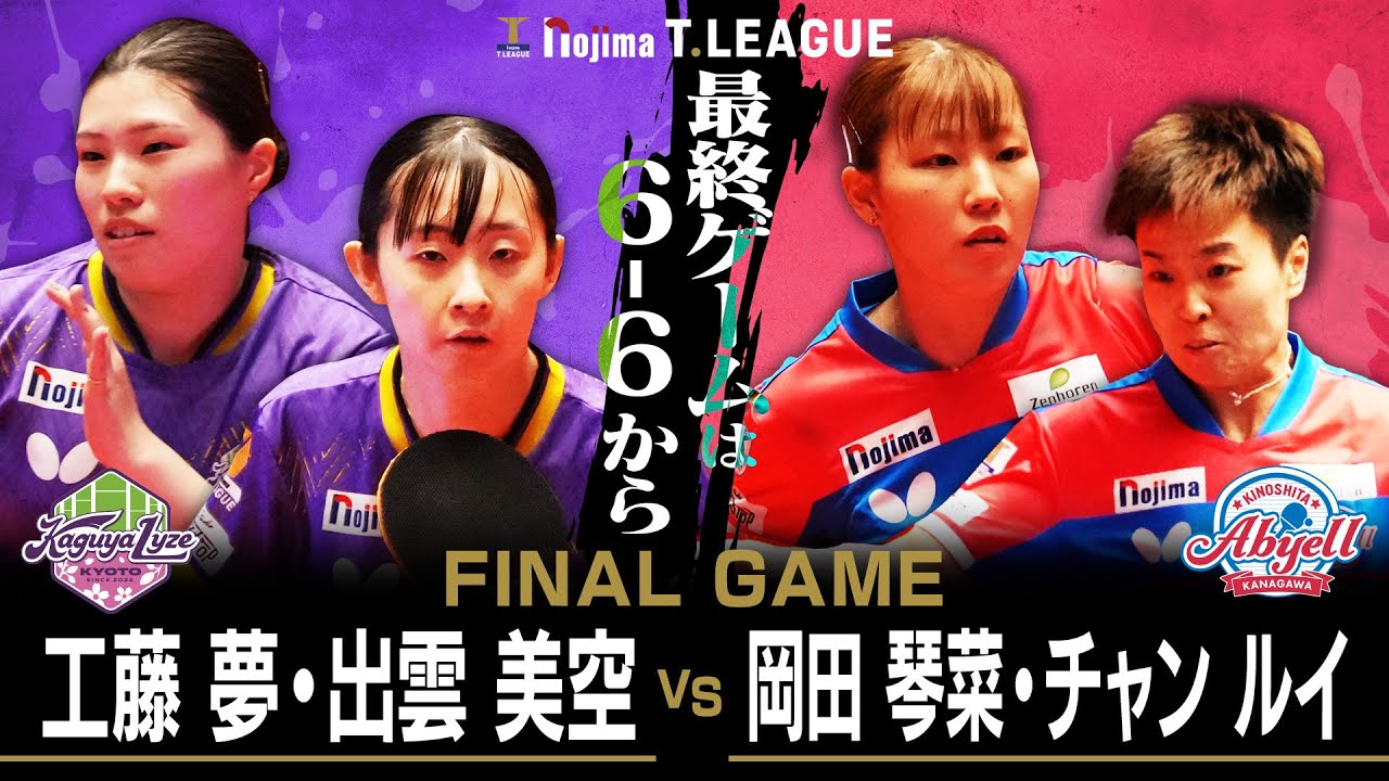 工藤夢 出雲美空 vs 岡田琴菜 チャンルイ TFINALGAME 京都カグヤライズ vs 木下アビエル神奈川 ノジマTリーグ 8月1日(金) KBSホール（京都市）実況解説なし【卓球 Tリーグ公式】
