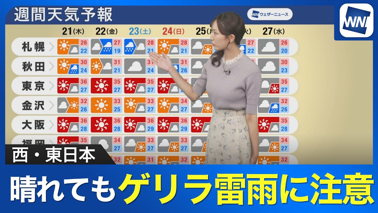【週間天気予報】西・東日本は晴れてもゲリラ雷雨に注意