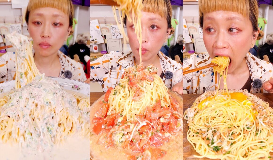 【大食い】デカ盛り3種の楽ちん冷製パスタ。夏がまだ続いているので、かんたんゆる発酵ごはんする。※量はゆるくない【モッパン】【MUKBANG】