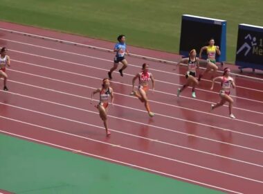 20250913111211宮崎県高校新人陸上女100ｍ予選4組 内山田 奏（2） 宮崎商12.92 +0.3