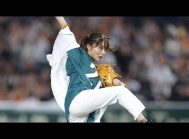 巨人戦⚾日テレ新人女子アナ🎤豪快フォームから速球投球🔥球場どよめき✨解説者も絶賛👏