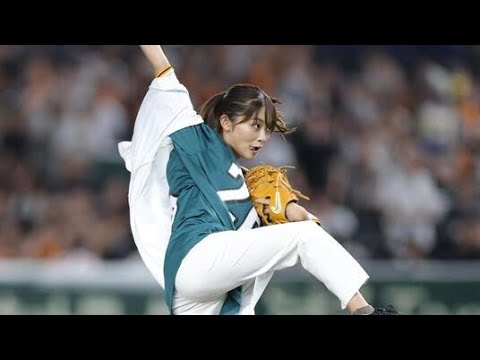 巨人戦⚾日テレ新人女子アナ🎤豪快フォームから速球投球🔥球場どよめき✨解説者も絶賛👏