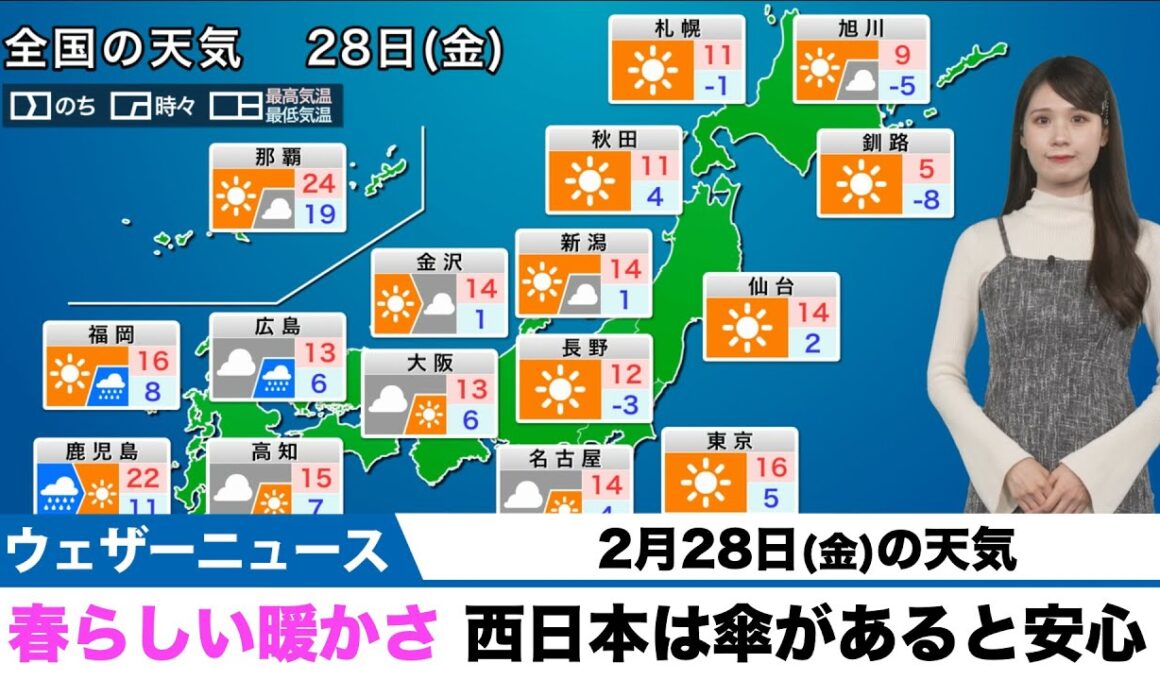 【2月28日の天気】春らしい暖かさに　西日本は傘があると安心