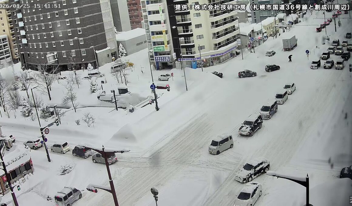 【大雪警報】札幌市 大雪ライブカメラ／4年ぶりの積雪1メートル　国道36号線と創成川周辺　2026年1月25日(日)｜映像提供：株式会社技研工房