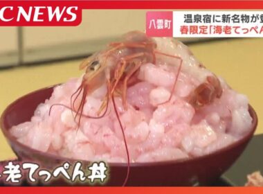 甘エビ120尾！八雲町の温泉宿「おぼこ荘」で豪華エビ丼が登場　太鼓と女将の演出も話題、3月29日までの期間限定メニュー