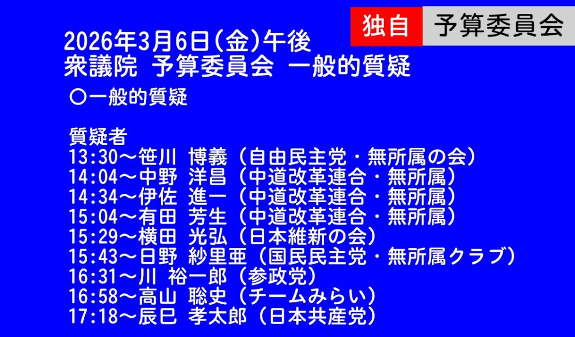 LIVE 🌏 国会中継 予算委員会 一般的質疑（2026/03/06）