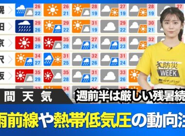 【週間天気】週前半は厳しい残暑続く 秋雨前線や熱帯低気圧の動向注意