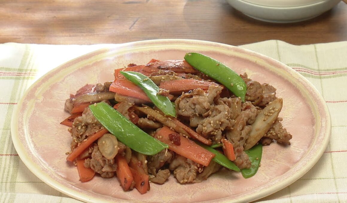 【3分クッキング公式】春の根菜と豚こまの梅ごま炒め