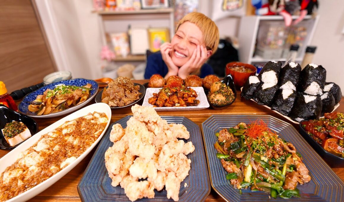 【大食い】理想の茶色い定食。おむすびとこってり茶色いおかず祭り。こってりっちで簡単茶色いおかず。【モッパン】【MUKBANG】