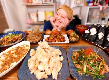 【大食い】理想の茶色い定食。おむすびとこってり茶色いおかず祭り。こってりっちで簡単茶色いおかず。【モッパン】【MUKBANG】