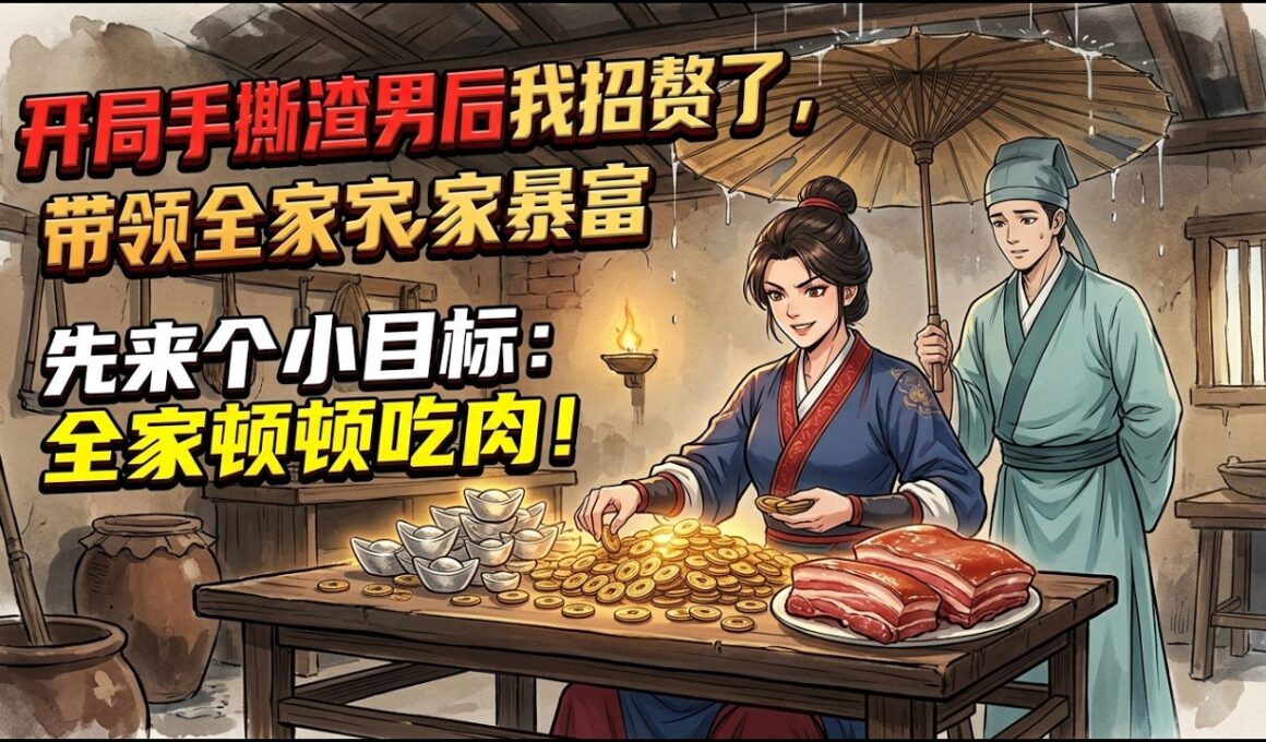 完结【上】《开局手撕渣男后我招赘了，带领全家暴富》我穿到了捉奸现场，一巴掌扇飞渣男！退婚回乡后，看着漏雨的老屋、病弱老爹和新招的竹竿赘婿，我决定扛起赚钱重任：先定个小目标，顿顿吃肉！#完结小说