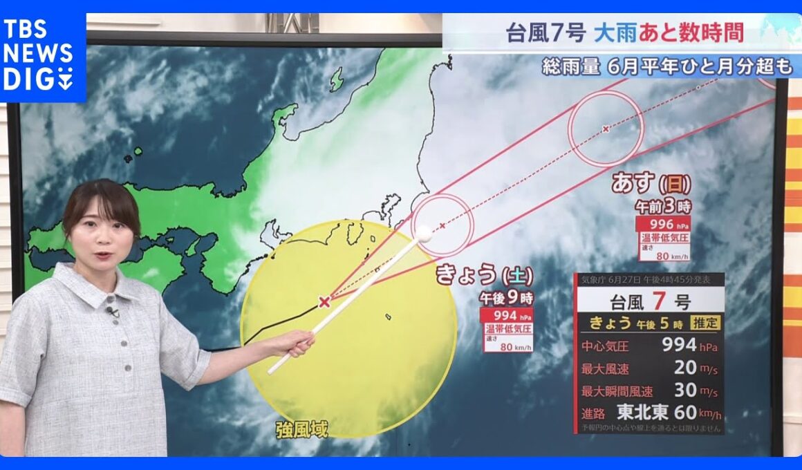 【予報士解説】千葉・銚子で雨量200ミリ超え　房総半島各地や三浦半島などで数時間は非常に激しい雨が降るおそれ　今夜にも温帯低気圧に変わる予想【台風7号】｜TBS NEWS DIG