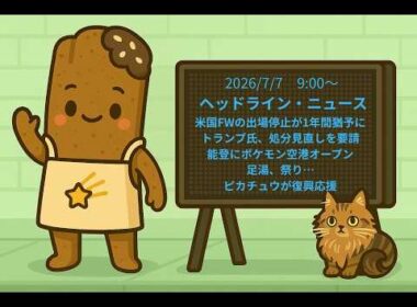 手作り電光掲示板　2026/7/7　9:00〜　ヘッドライン・ニュース：米国FWの出場停止が1年間猶予に　トランプ氏、処分見直しを要請、能登にポケモン空港オープン　足湯、祭り…ピカチュウが復興応援