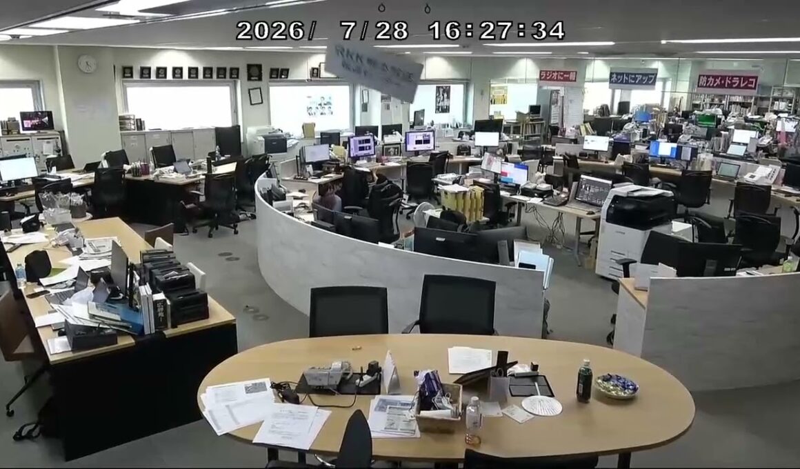 Footage from inside the newsroom of RKK Kumamoto Broadcasting Co. when the quake hit.