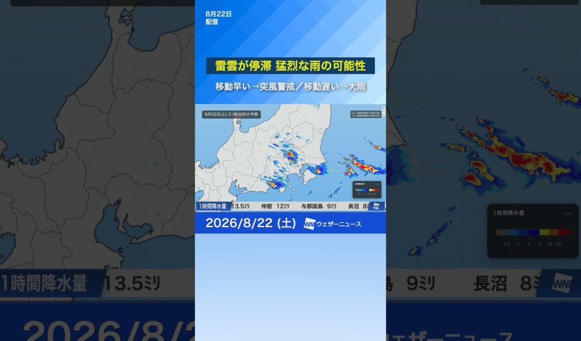 【8月22日】猛烈な雨の可能性あり／最初は雨雲の移動が早いが、次第に停滞のおそれ #ゲリラ雷雨 #冠水 #豪雨