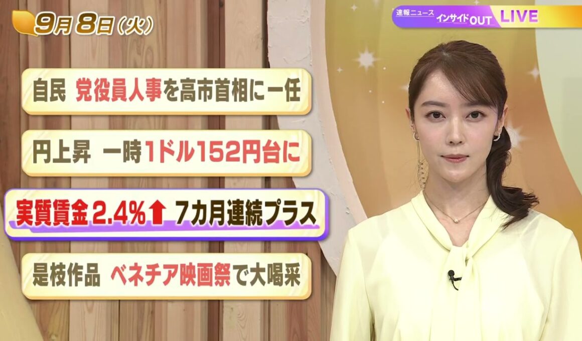 【今日のニュース9月8日】「自民 党役員人事を高市首相に一任」「円上昇 一時１ドル152円台に」「実質金利2.4％増 7カ月連続プラス」「是枝作品 ベネチア映画祭で大喝采」 BS11