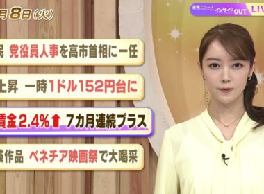 【今日のニュース9月8日】「自民 党役員人事を高市首相に一任」「円上昇 一時１ドル152円台に」「実質金利2.4％増 7カ月連続プラス」「是枝作品 ベネチア映画祭で大喝采」 BS11