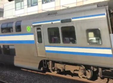 発車寸前に120km/hで追い抜く 総武線下総中山駅を高速通過する総武快速線E217系快速千葉行き