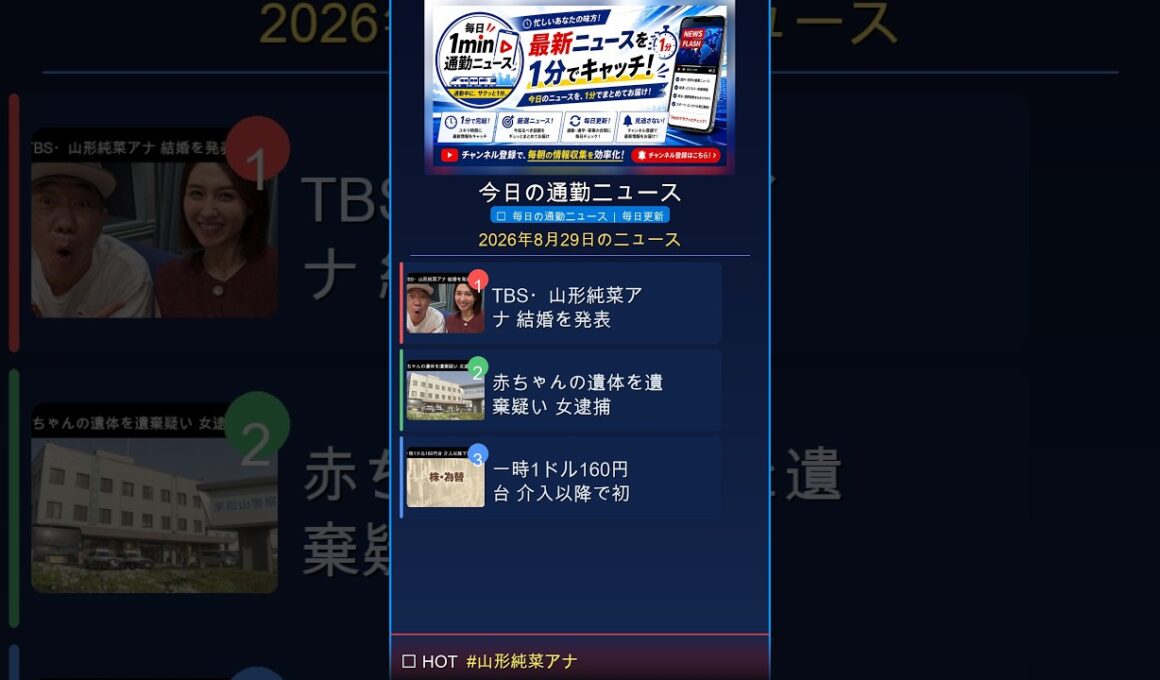 山形純菜アナ結婚！電撃発表【他：赤ちゃん遺棄・ドル円160円】
