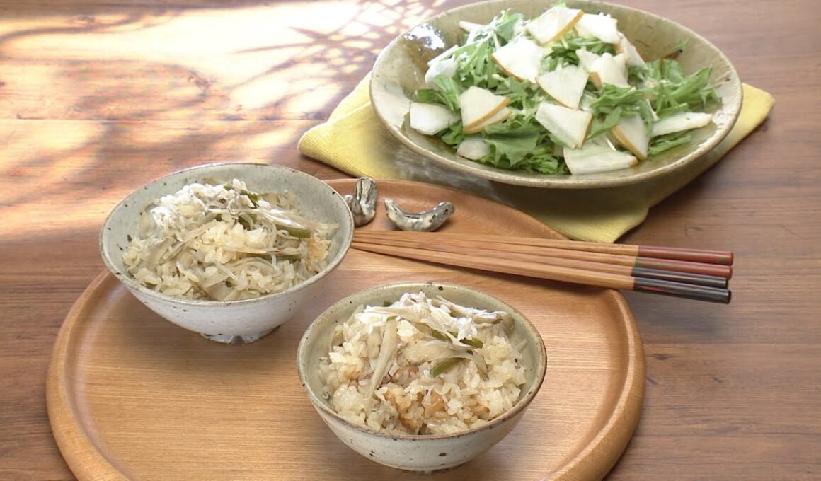 【3分クッキング公式】じゃことごぼうの炊き込みごはん／梨と水菜のサラダ