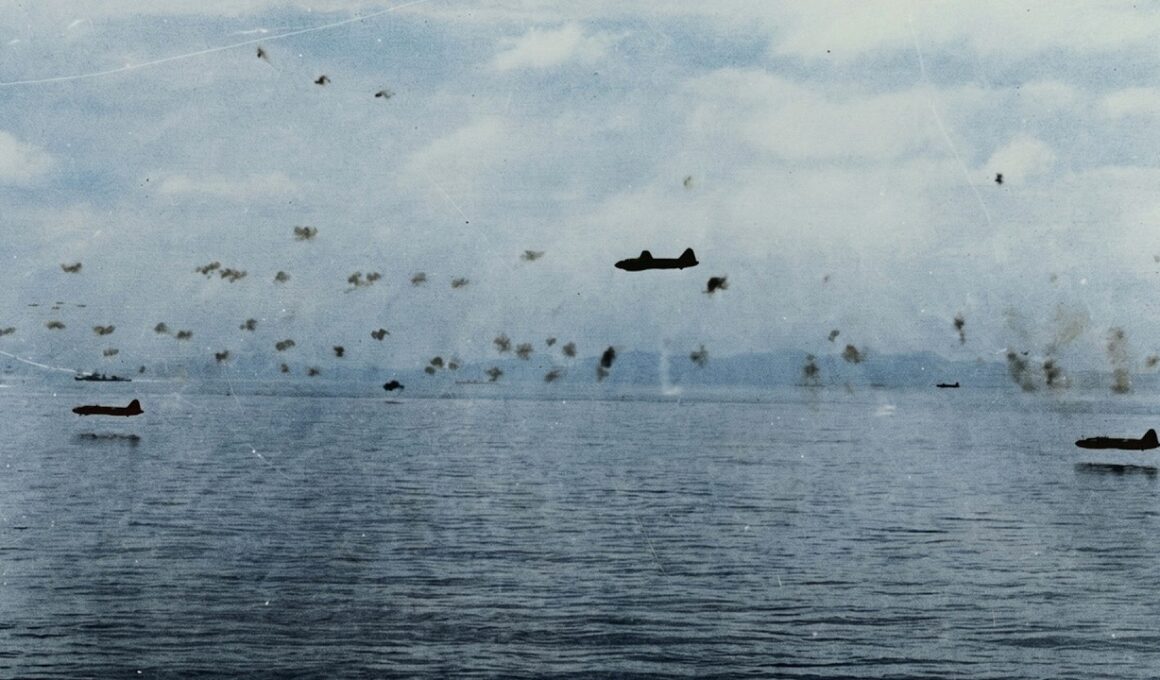 高度10メートル。対空砲火の中を海面すれすれで突っ込む一式陸攻3機。1942年8月8日、ガダルカナルに上陸した米軍の船団へ23機が雷撃し、帰ったのは5機だった｜実際の写真をAIフルカラー復元